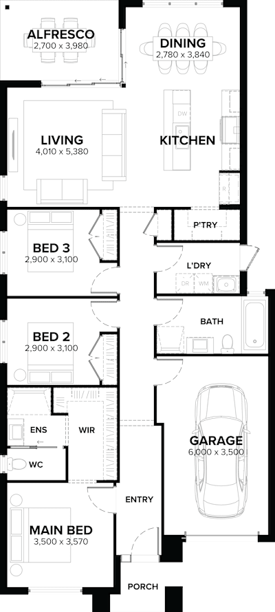 Single Storey Home Design – Ash by ardenhomes.com.au, 3 bedroom 2 bathroom 1 car single storey passive solar house plan, 10.5m x 20.6m, VIC - Plan