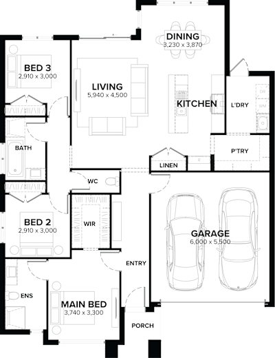 Single Storey Home Design – Oakley by ardenhomes.com.au, 3 bedroom 2 bathroom 2 car single storey passive solar house plan, 14m x 16.6m, VIC - Plan
