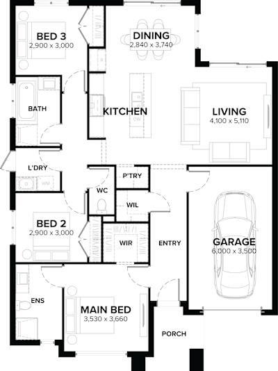 Single Storey Home Design – Willow by ardenhomes.com.au, 3 bedroom 2 bathroom 1 car single storey passive solar house plan, 12.5m x 15.6m, VIC - Plan