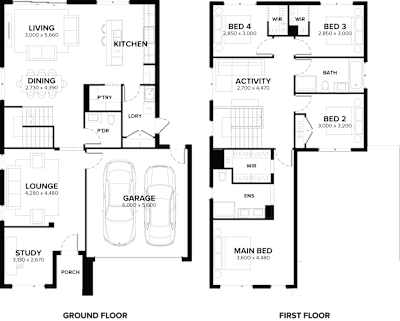 Double Storey Home Design – Dahlia by ardenhomes.com.au, 4 bedroom 2 bathroom 2 car 2 storey passive solar house plan, 12.5m x 16.4m, VIC - Plan