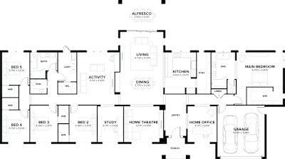 Kingston 43 Acreage Home Design by ardenhomes.com.au, 5 bedroom 2 bathroom 2 car single storey passive solar house plan, 33.4m x 18.6m, VIC - Plan
