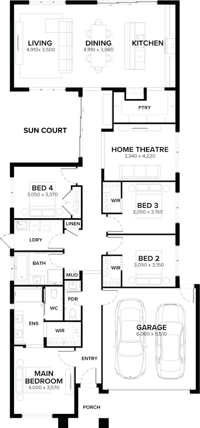 Single Storey Home Design – Clovelly by ardenhomes.com.au, 4 bedroom 2 bathroom 2 car single storey passive solar house plan, 12.5m x 25.3m, VIC - Plan