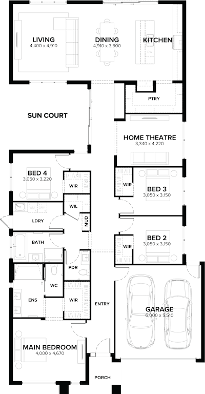 Clovelly 28 by ardenhomes.com.au, 4 bedroom 2 bathroom 2 car single storey passive solar house plan, 14m x 25.3m, VIC - Plan