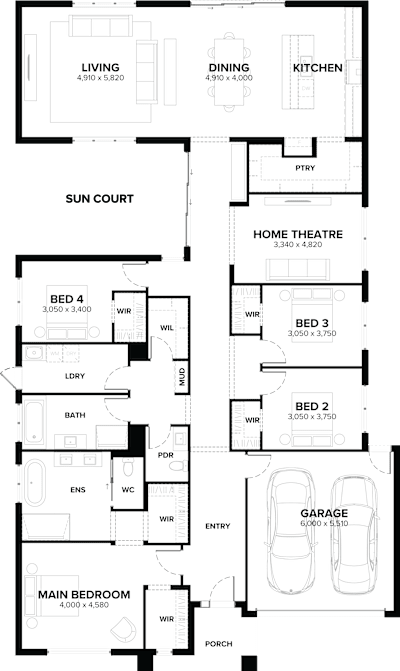 Single Storey Home Design – Clovelly 33 by ardenhomes.com.au, 4 bedroom 2 bathroom 2 car single storey passive solar house plan, 16m x 25.3m, VIC - Plan
