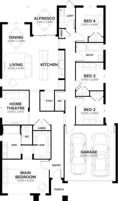 Single Storey Home Design – Olsen 25 by ardenhomes.com.au, 4 bedroom 2 bathroom 2 car single storey passive solar house plan, 14m x 21.1m, VIC - Plan